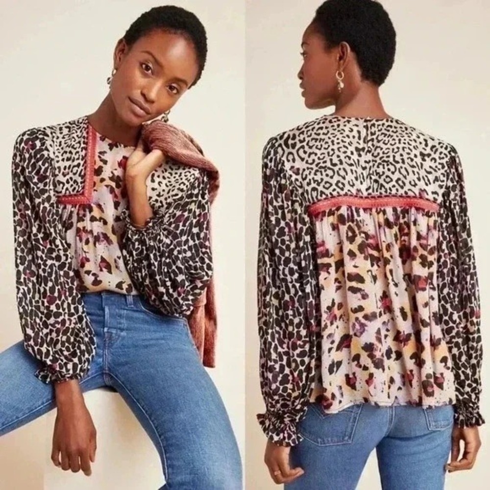 Anthropologie Mixed Animal Print Blouse in Cream, Black & Pink